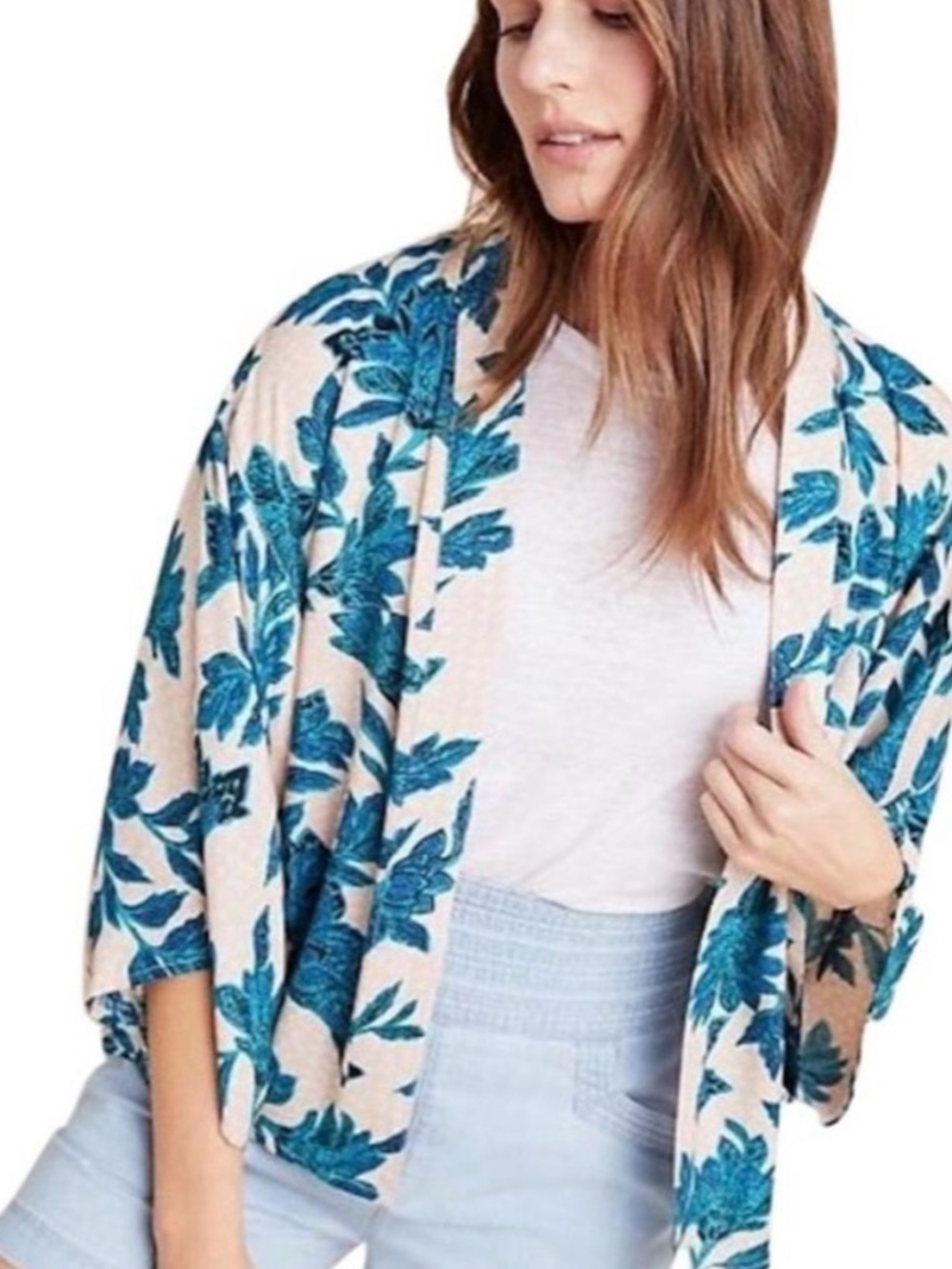 Anthropologie Open Front Kimono Floral Green Cream Pink Boho Hippie Preppy Top